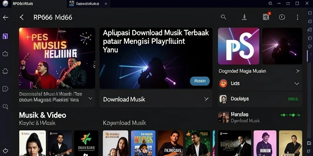 Antarmuka aplikasi RP66 untuk Download Musik yang intuitif.